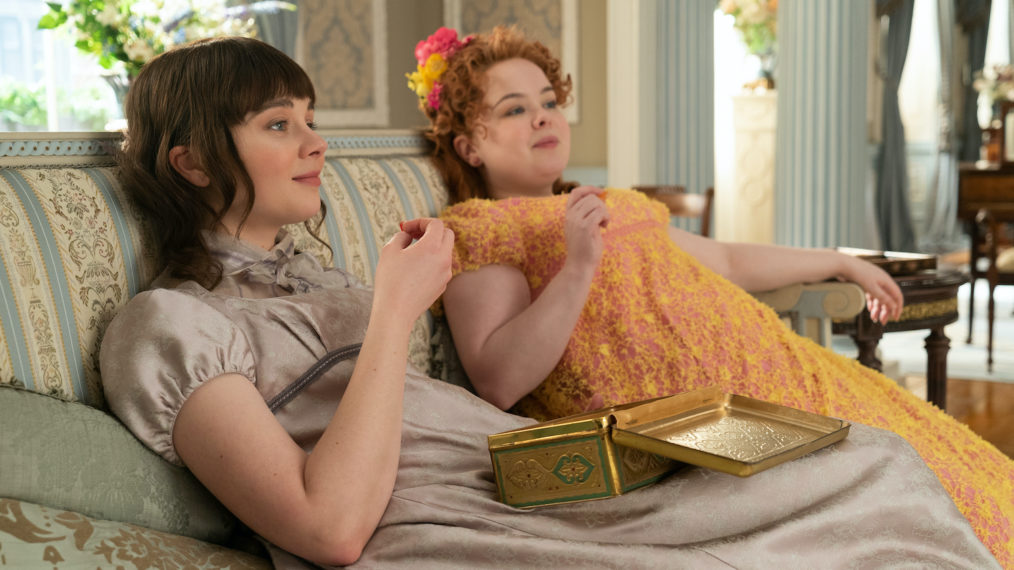 Claudia Jessie as Eloise Bridgerton and Nicola Coughlan as Penelope Featherington