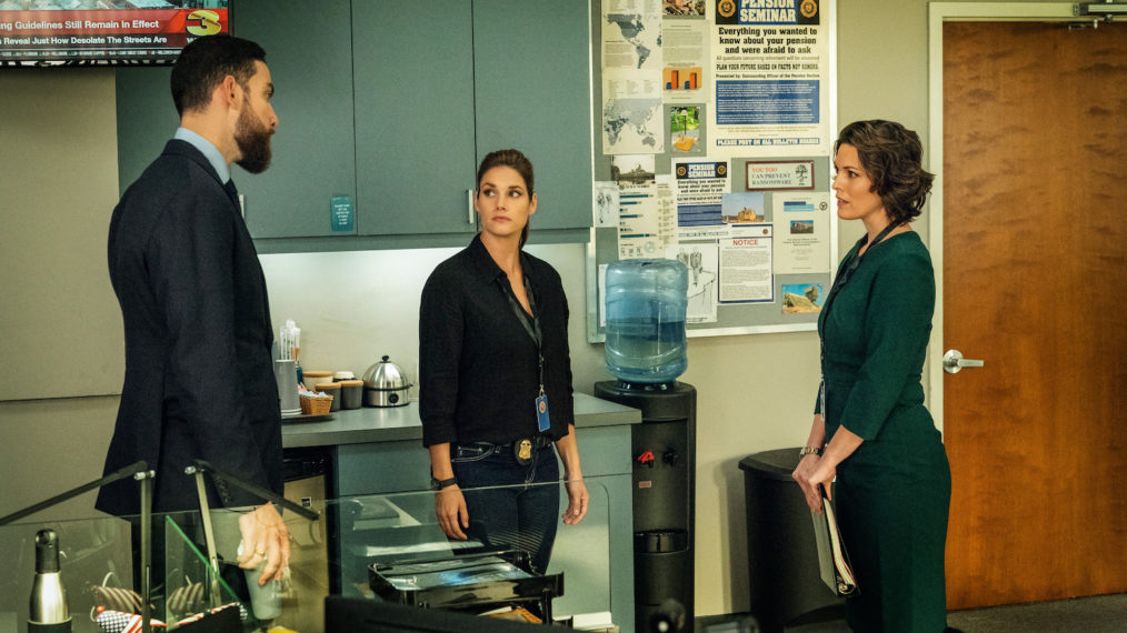 Zeeko Zaki as Special Agent Omar Adom 'OA' Zidan, Missy Peregrym as Special Agent Maggie Bell, and Alana De La Garza as Special Agent in Charge Isobel Castille in FBI Season 3 Premiere