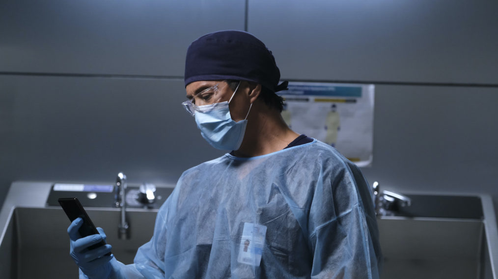 Will Yun Lee as Dr. Alex Park checking his phone in The Good Doctor - Season 4 Premiere