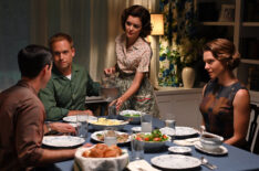 John Glenn played by Patrick J. Adams and Annie Glenn played by Nora Zehetner host Gordon Cooper played by Colin O’Donoghue and Trudy Cooper played by Eloise Mumford for dinner in The Right Stuff