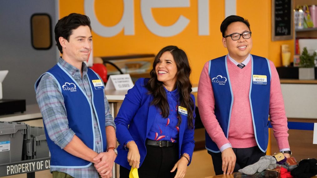 Superstore - Ben Feldman as Jonah, America Ferrera as Amy, and Nico Santos as Mateo