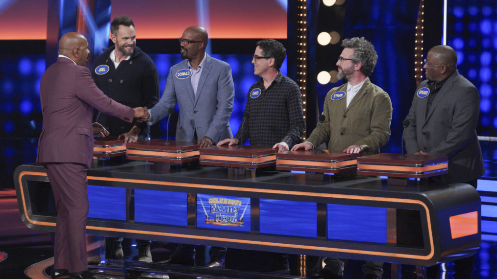 Joel Mchale and his team on Celebrity Family Feud