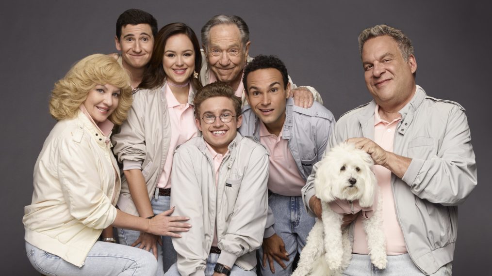 The Goldbergs Season 8 cast - Wendi McLendon-Covey, Sam Lerner, Hayley Orrantia, Sean Giambrone, George Segal, Troy Gentile, Sage (Dog), Jeff Garlin