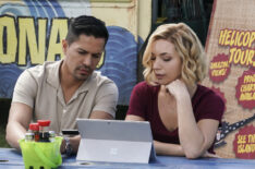 Jay Hernandez as Thomas Magnum and Perdita Weeks as Higgins in Magnum P.I.