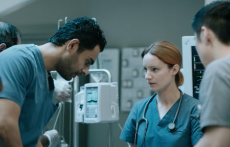 Hamza Haq as Bash and Laurence Leboeuf as Mags in Transplant Episode 7