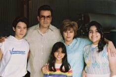 Selena The Series Family - Juan Martinez as Young A.B. Quintanilla, Ricardo Chavira as Abraham Quintanilla, Madison Taylor Baez as young Selena, Seidy Lopez as Marcella Quintanilla and Daniela Estrada as young Suzette Quintanila