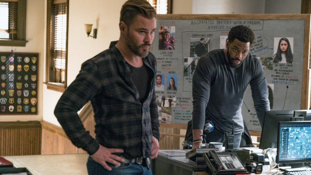 Patrick John Flueger as Adam Ruzek, LaRoyce Hawkins as Kevin Atwater in Chicago PD - Season 8 Premiere - 'Fighting Ghosts'