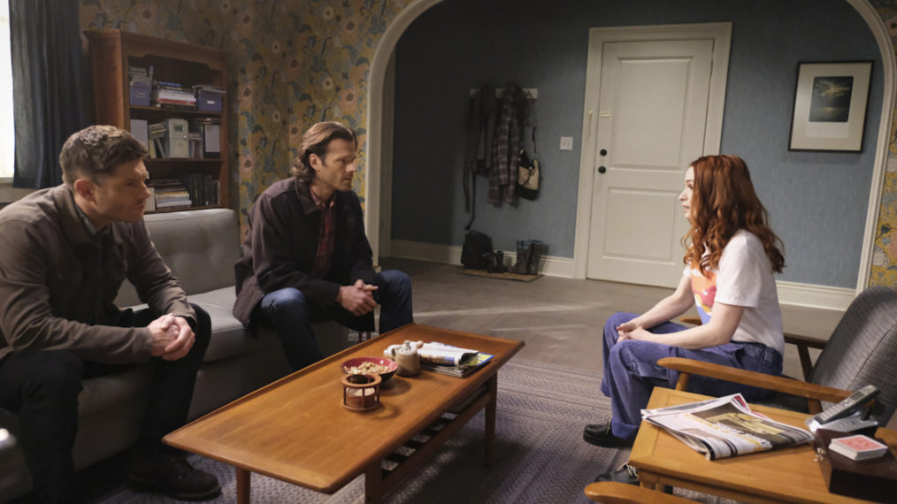 Jensen Ackles as Dean, Jared Padalecki as Sam, and Felicia Day as Charlie in Supernatural - Season 15, Episode 18