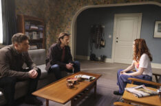 Jensen Ackles as Dean, Jared Padalecki as Sam, and Felicia Day as Charlie in Supernatural - Season 15, Episode 18