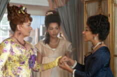 Bridgerton - Polly Walker as Portia Featherington, Ruby Barker as Marina Thompson, and Kathryn Drysdale as Genevieve