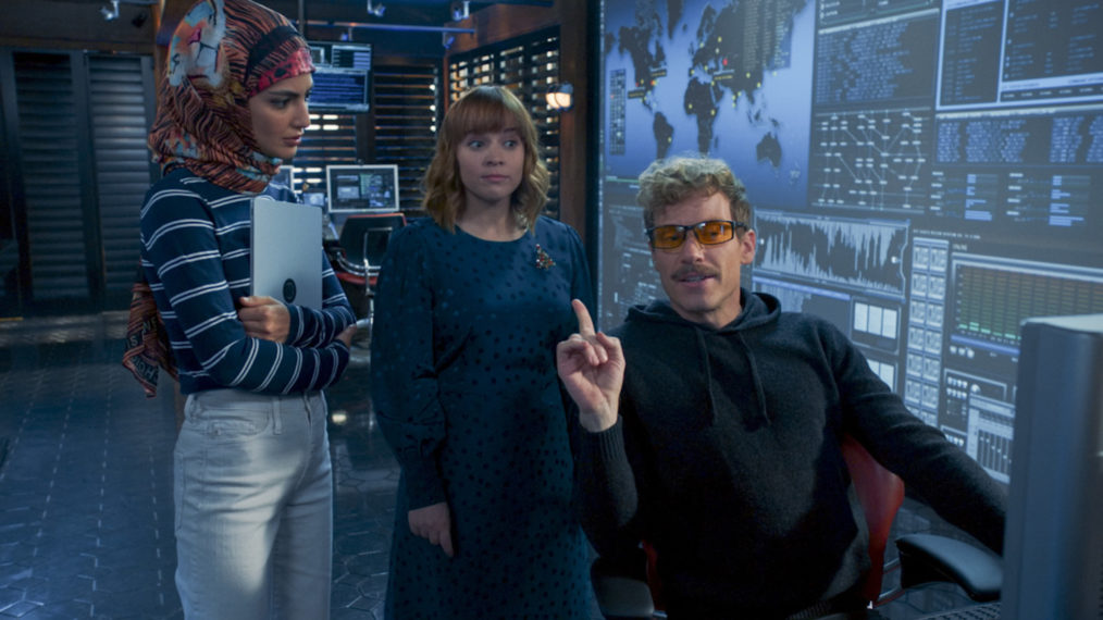 Medalion Rahimi (Special Agent Fatima Namazi), Renée Felice Smith (Intelligence Analyst Nell Jones) and Barrett Foa (Tech Operator Eric Beale) in NCIS LA - Season 12 Episode 6