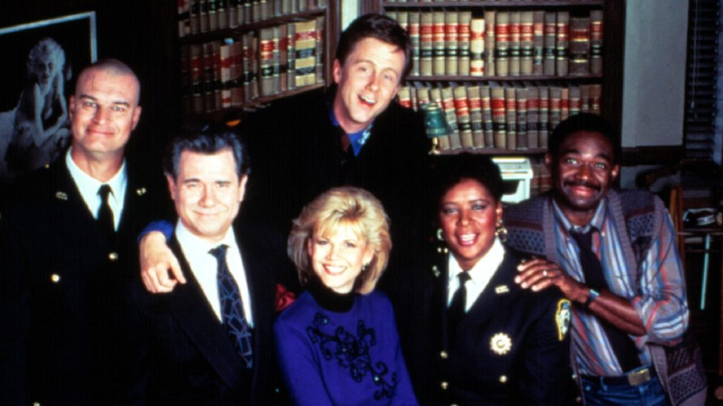 The cast of the original Night Court - Richard Moll, John Larroquette, Markie Post, Harry Anderson, Marsha Warfield, Charlie Robinson