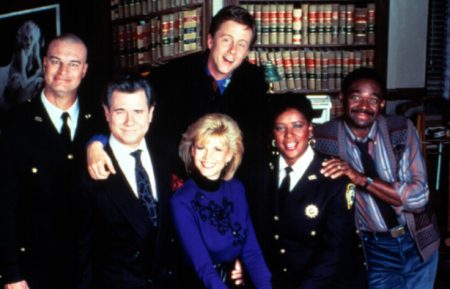 The cast of the original Night Court - Richard Moll, John Larroquette, Markie Post, Harry Anderson, Marsha Warfield, Charlie Robinson