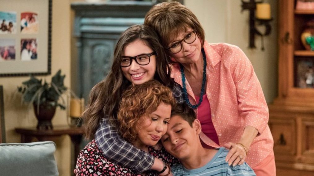 Isabella Gomez as Elena, Rita Moreno as Lydia, Justina Machado as Penelope, and Marcel Ruiz as Alex on 'One Day at a Time'