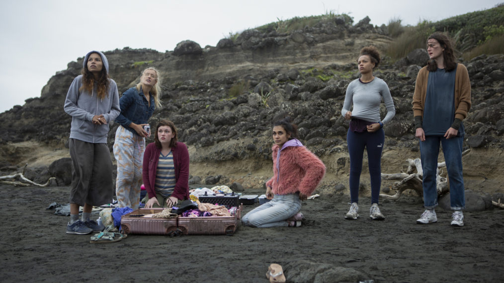 Mia Healey, Sophia Ali, Reign Edwards, Sarah Pidgeon, Shannon Berry, and Helena Howard in Day Two in The Wilds - Season 1 - Girls Island