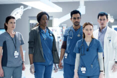 Transplant Season 1 cast photo - Torri Higginson as Claire Malone, Ayisha Issa as June Curtis, Hamza Haq as Bashir Hamed, Laurence Leboeuf as Magalie Leblanc, Jim Watson as Theo Hunter