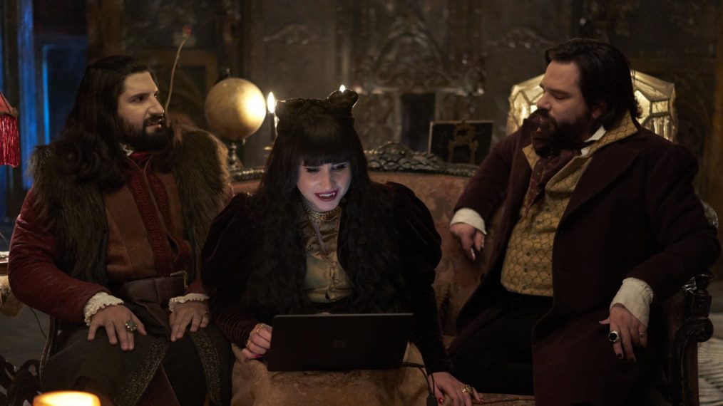 Kayvan Novak as Nandor, Natasia Demetriou as Nadja, Matt Berry as Laszlo in What We Do in the Shadows