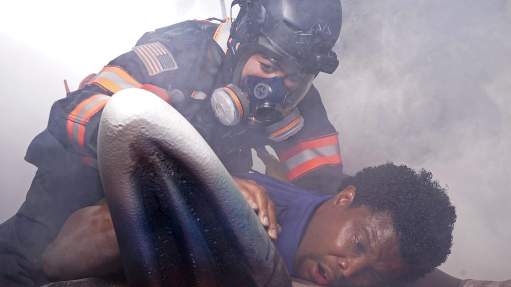 Natacha Karam and guest star Sharif Atkins in the “2100°” episode of 9-1-1: Lone Star