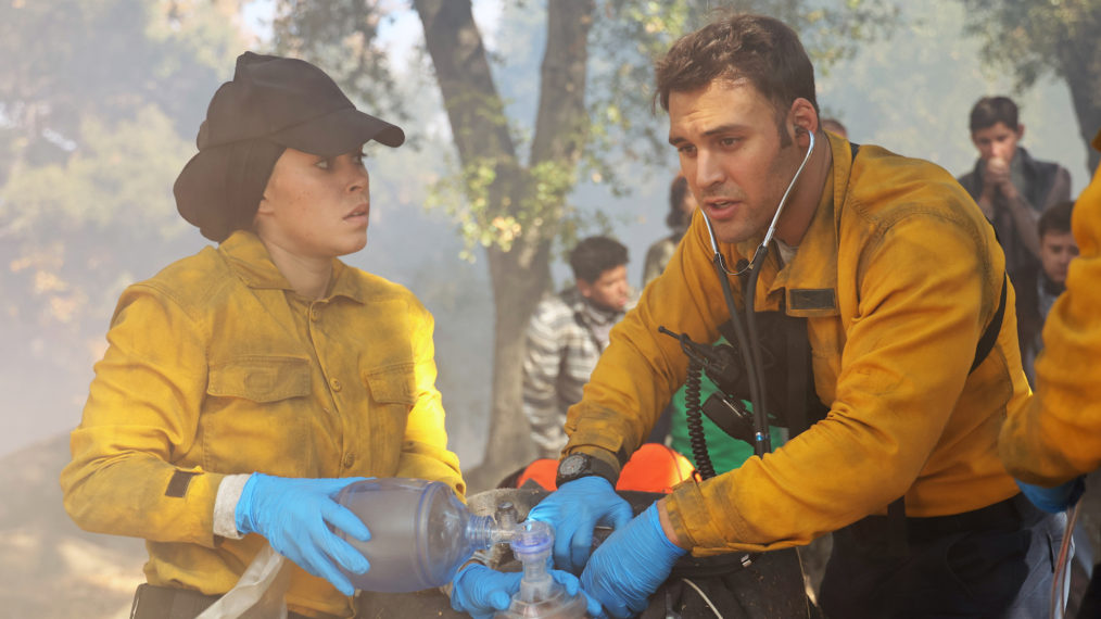 Natacha Karam as Marjan and guest star Ryan Guzman as Eddie in the 'Hold The Line' episode of 9-1-1: LONE STAR