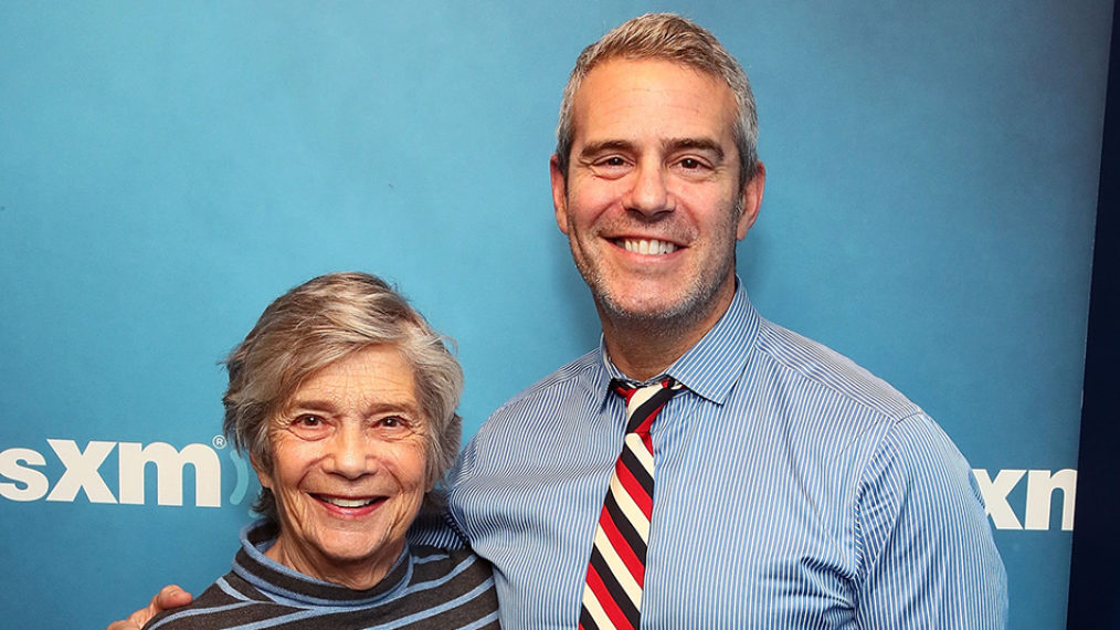 Andy Cohen poses for photos with his mother Evelyn Cohen at the SiriusXM studios