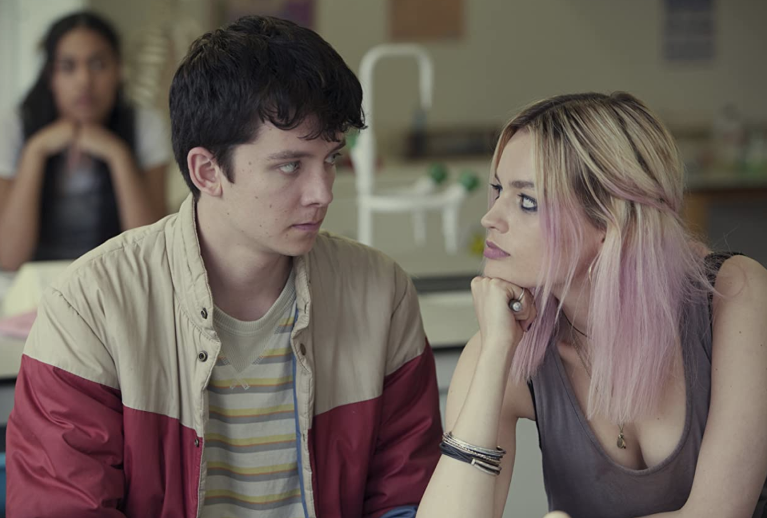 Asa Butterfield and Emma Mackey in Sex Education