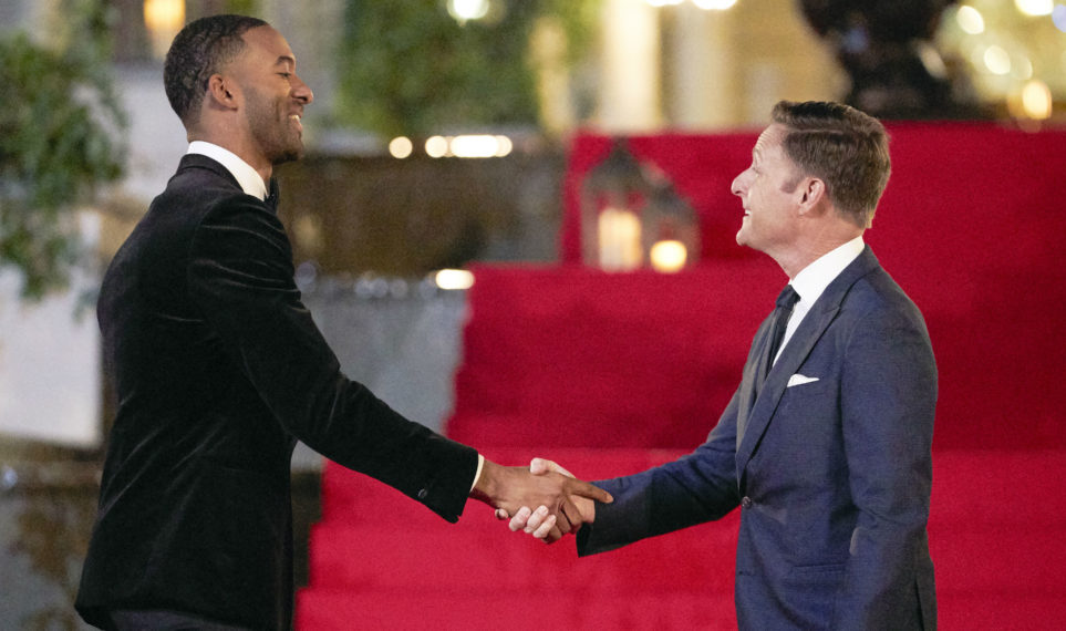 Matt James and Chris Harrison shake hands in The Bachelor - Season 25