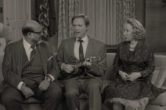 Fred Melamed as Mr. Hart, Paul Bettany as Vision and Debra Jo Rupp as Mrs. Hart in Wandavision