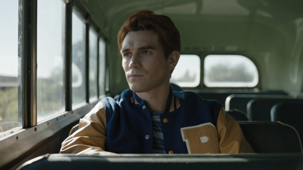 KJ Apa as Archie on a school bus in Riverdale Season 5 Episode 3 - 'Chapter Seventy-Nine: Graduation'