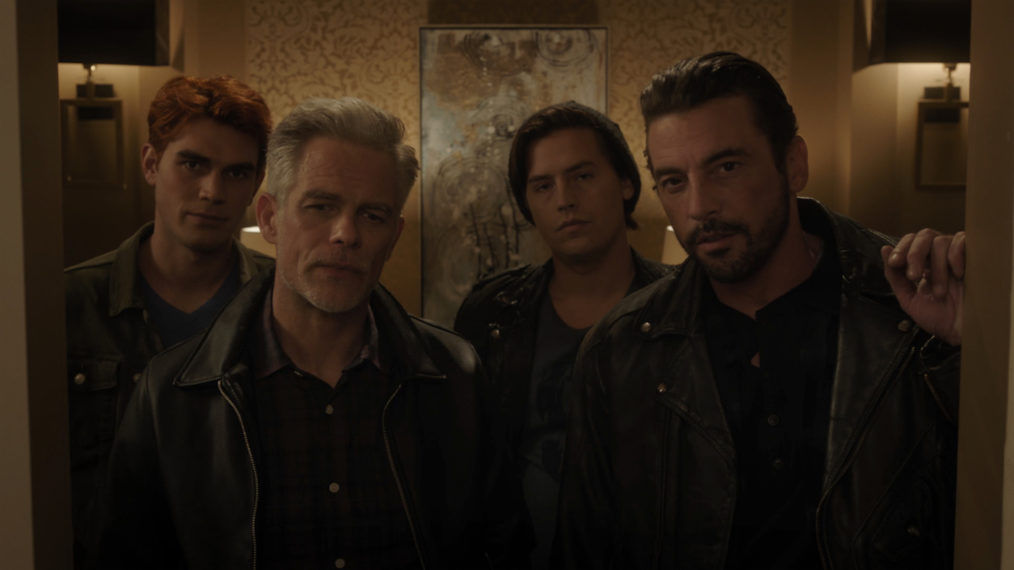 KJ Apa as Archie Andrews, Martin Cummins as Tom Keller, Cole Sprouse as Jughead Jones, and Skeet Ulrich as FP Jones - Riverdale - Season 5 Episode 3