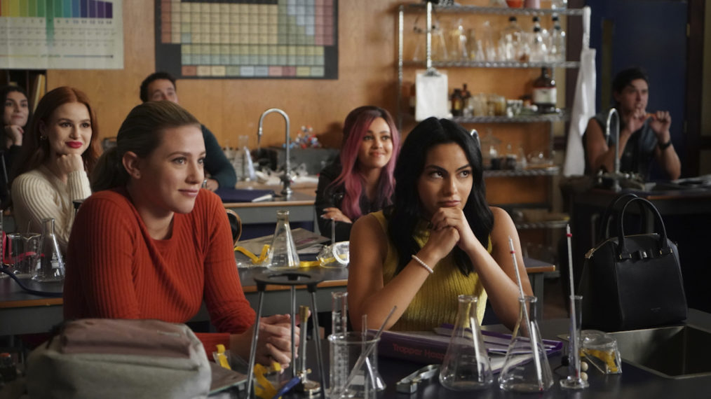 Lili Reinhart as Betty Cooper, Camila Mendes as Veronica Lodge, Madelaine Patsch as Cheryl Blossom, Vanessa Morgan as Toni Topaz, and Jordan Connor as Sweet Pea in Riverdale - Season 5, Episode 3