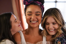 Katie Stevens as Jane, Aisha Dee as Kat, and Meghann Fahy as Sutton in The Bold Type - Season 4