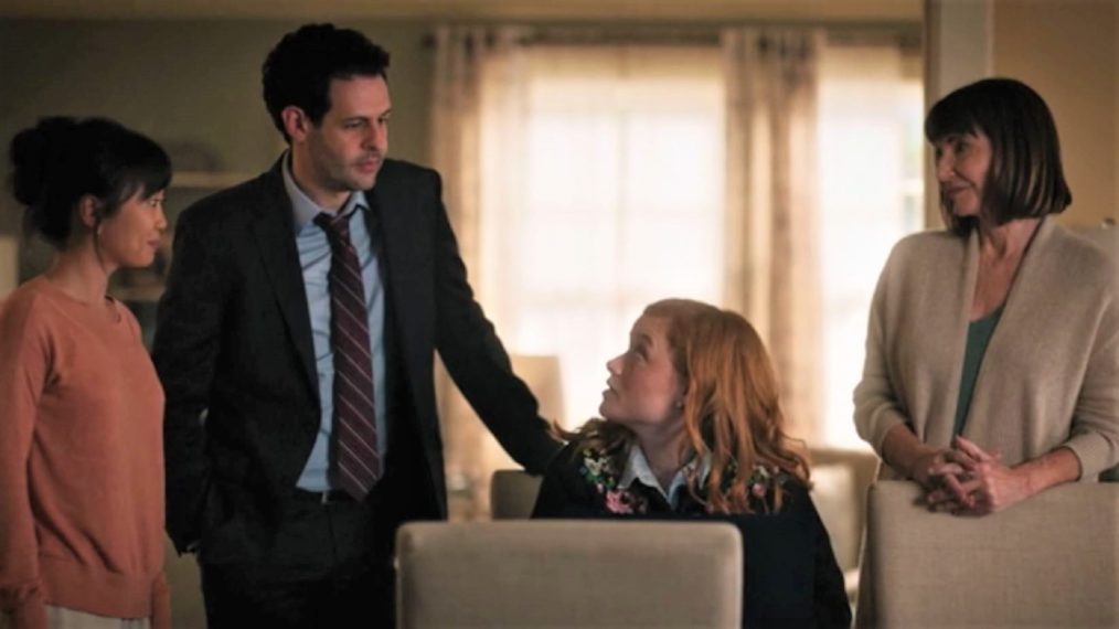 Alice Lee as Emily, Andrew Leeds as David, Jane Levy as Zoey, and Mary Steenburgen as Maggie in Zoey's Extraordinary Playlist