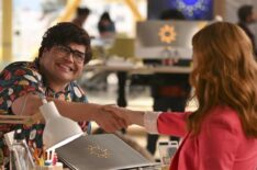 Harvey Guillen as George shaking hands with Jane Levy as Zoey Clarke in Zoey's Extraordinary Playlist