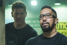 David Boreanaz as Jason Hayes and Neil Brown Jr. as Ray Perry at the shooting range in SEAL Team - Season 4, Episode 7