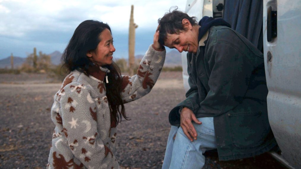 Chloe Zhao and Frances McDormand on set during Nomadland