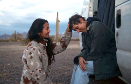 Chloe Zhao and Frances McDormand on set during Nomadland