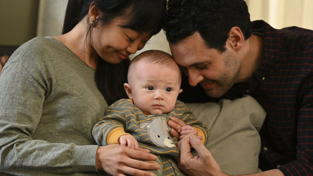 Alice Lee as Emily and Andrew Leeds as David with their baby in Zoey's Extraordinary Playlist - Season 2