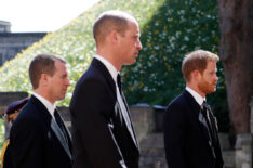 Peter Phillips, Prince William, Duke of Cambridge and Prince Harry, Duke of Sussex during the Ceremonial Procession during the funeral of Prince Philip