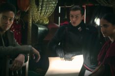 Kit Young as Jesper Fahey, Freddy Carter as Kaz Brekker, and Amita Suman as Inej Ghafa in Shadow and Bone