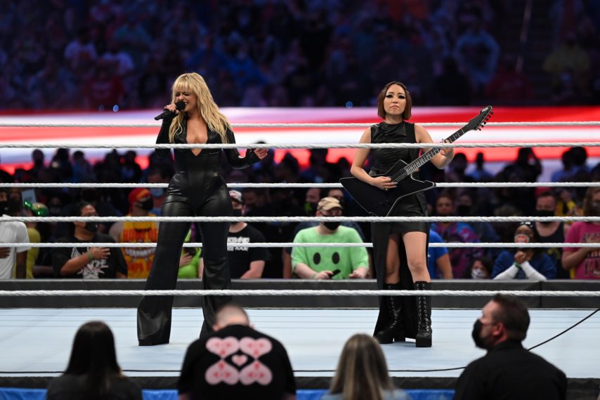 Bebe Rexha performing at WrestleMania