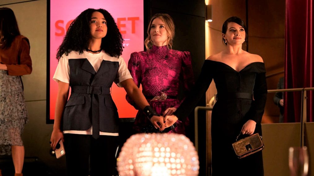 Aisha Dee as Kat, Meghann Fahy as Sutton, and Katie Stevens as Jane in The Bold Type - Season 5, Episode 2