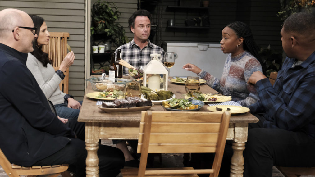 The Unicorn, Season 2 - Rob Corddry as Forrest, Michaela Watkins as Delia, Walton Goggins as Wade, Maya Lynne Robinson as Michelle, Omar Miller as Ben