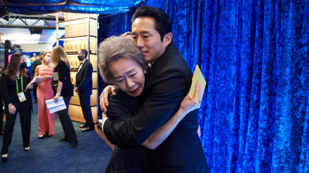 Yuh-Jung Youn and Steven Yeun backstage at the 2021 Oscars