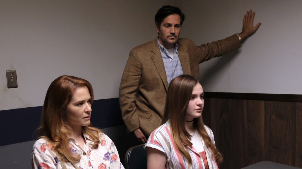 Sarah Drew as Cindy, Chiara Aurelia as Jeanette, and Michael Landes as Greg in Cruel Summer, Episode 3 - Interrogation