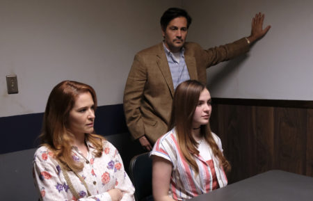 Sarah Drew as Cindy, Chiara Aurelia as Jeanette, and Michael Landes as Greg in Cruel Summer, Episode 3 - Interrogation