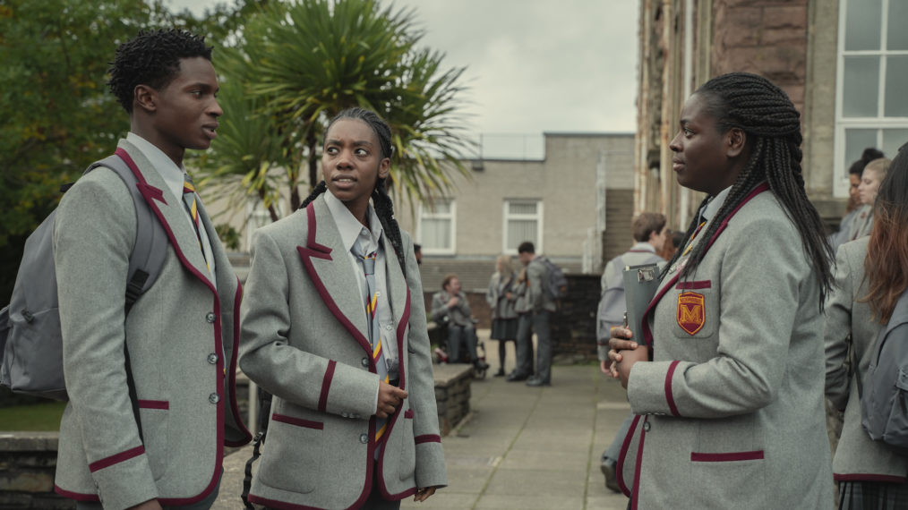 Kedar Williams-Stirling as Jackson, Dua Saleh as Cal, and Chinenye Ezeudu as Vivienne in 'Sex Education' - Season 3