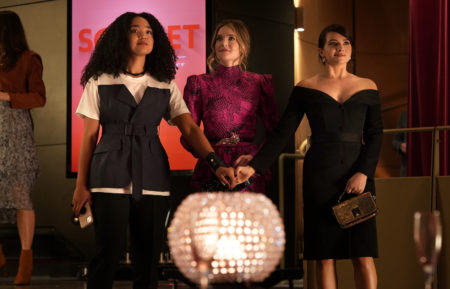 Aisha Dee as Kat, Meghann Fahy as Sutton, and Katie Stevens as Jane in The Bold Type - Season 5, Episode 2