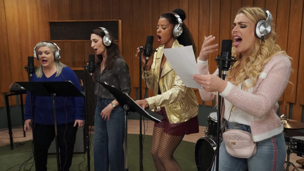 Paula Pell as Gloria, Sara Bareilles as Dawn, Renée Elise Goldsberry as Wickie, Busy Philipps as Summer in Girls5eva - Season 1 on Peacock