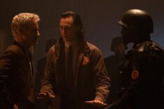 Loki - Owen Wilson as Mobius, Tom Hiddleston as Loki, and Wunmi Mosaku as Hunter B-15