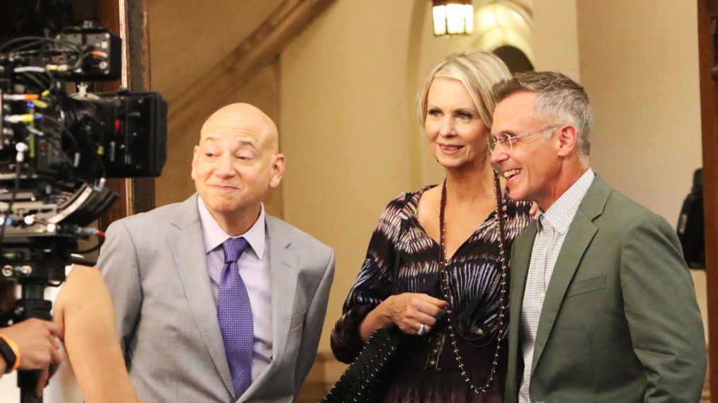 Evan Handler Cynthia Nixon, and David Eigenberg seen filming And Just Like That